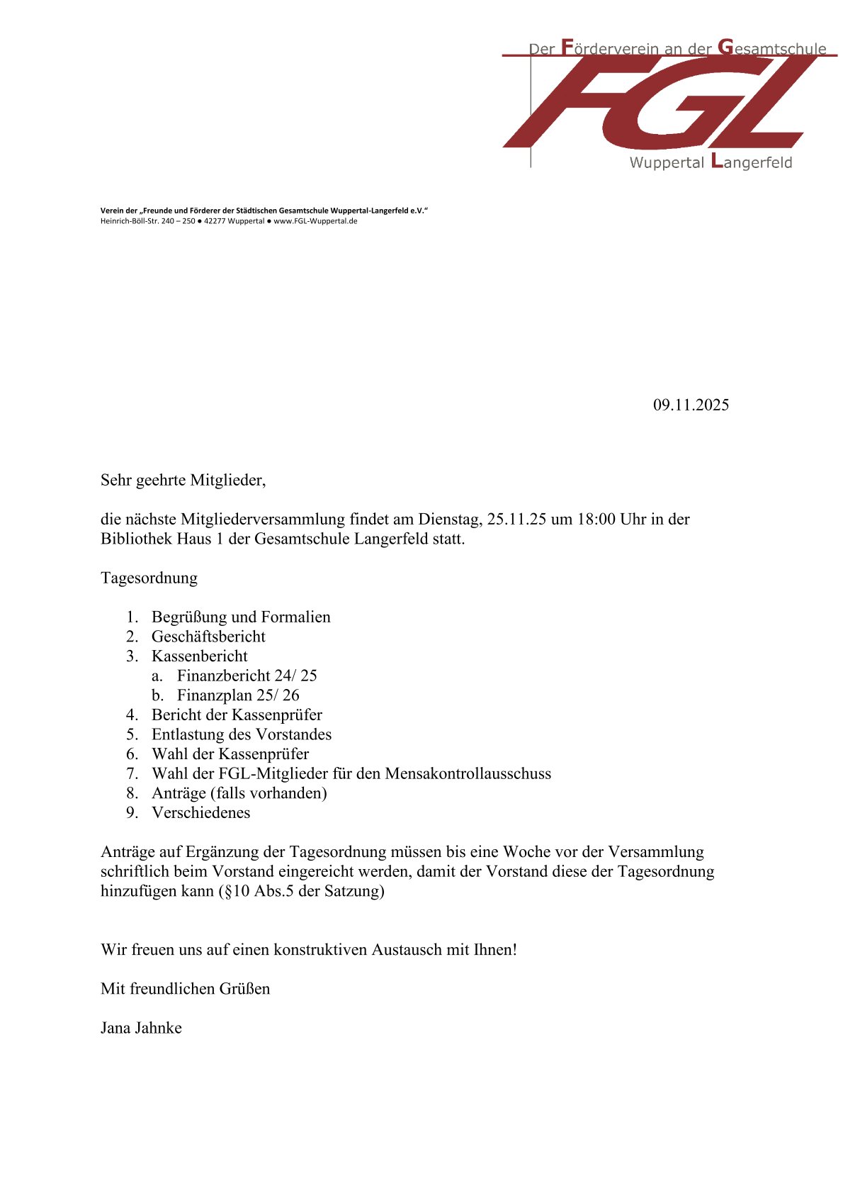 Einladung zur Mitgliederversammlung des Fördervereins